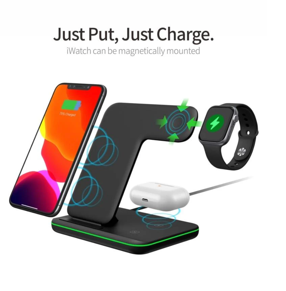 ⭐ ChargeX Pro™ – Cargador Inalámbrico 3 en 1 (15W) para iPhone, Apple Watch y AirPods
